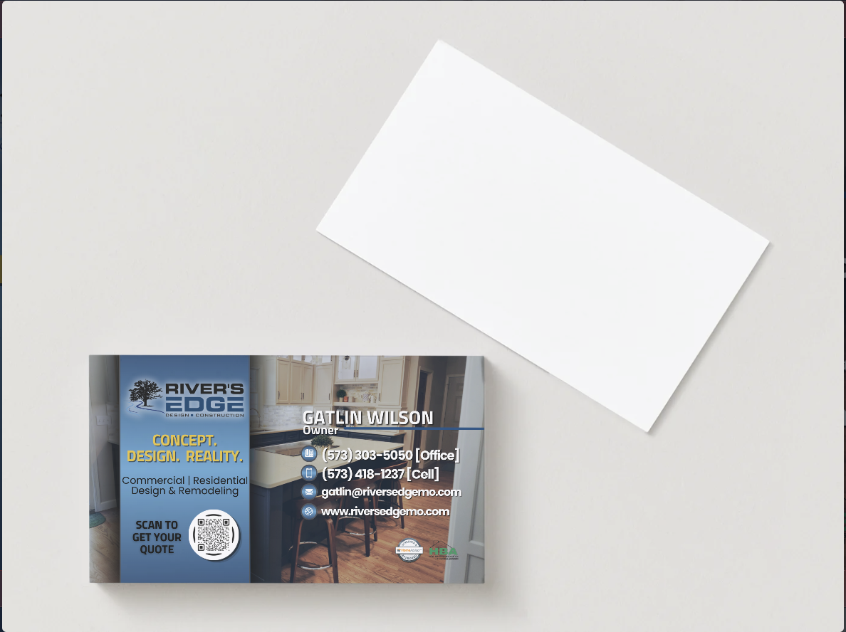 A stack of business cards for River's Edge Custom Cabinets, showing contact information and a photo of a kitchen.