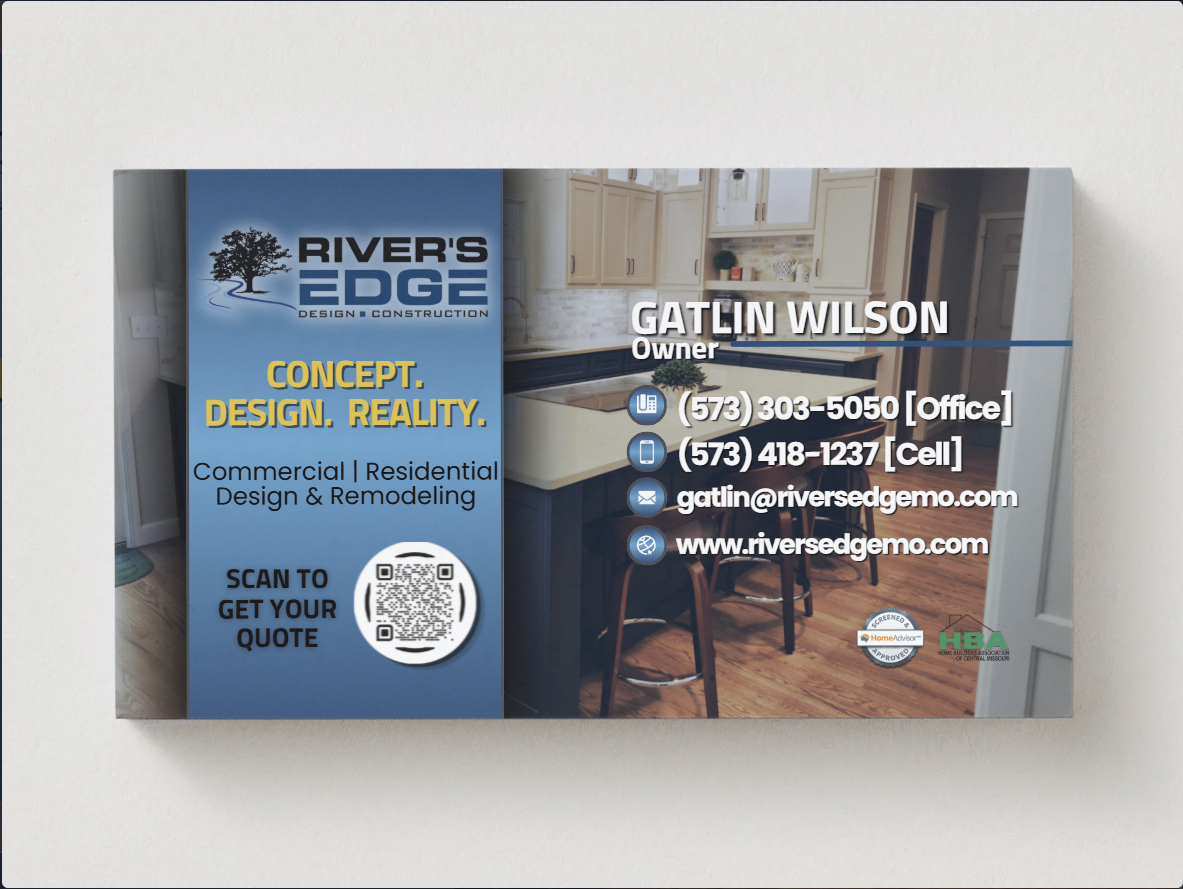 Business card for Rivers Edge Design & Remodeling, featuring owner Gatlin Wilson's contact info, a QR code, and kitchen art.