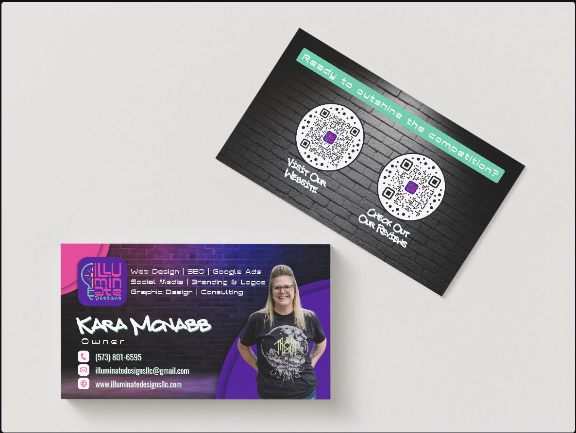 Two sides of a business card for Kara McNabb, featuring contact info, a profile photo, and two QR codes on a dark background.