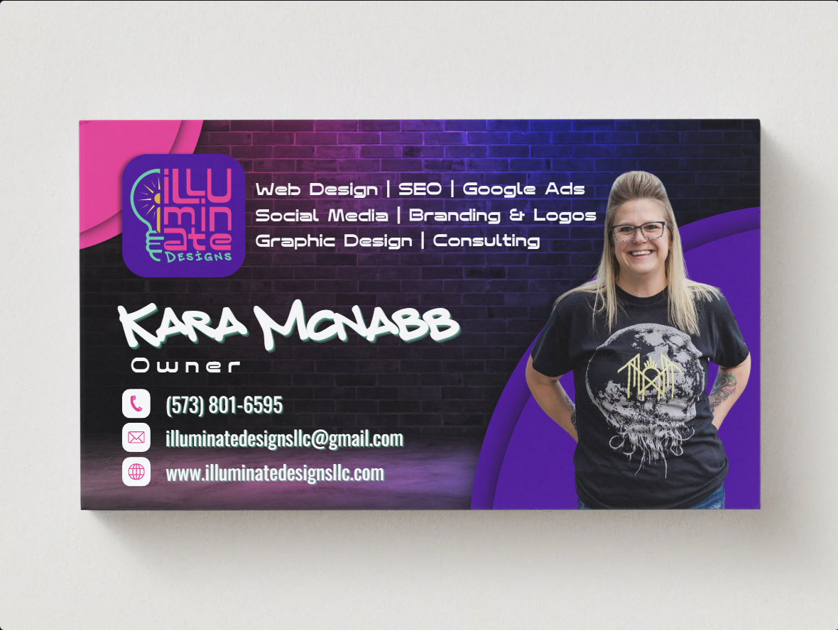 Business card for Illuminate Designs LLC featuring owner Kara McNabb, contact info, and services against a purple backdrop.