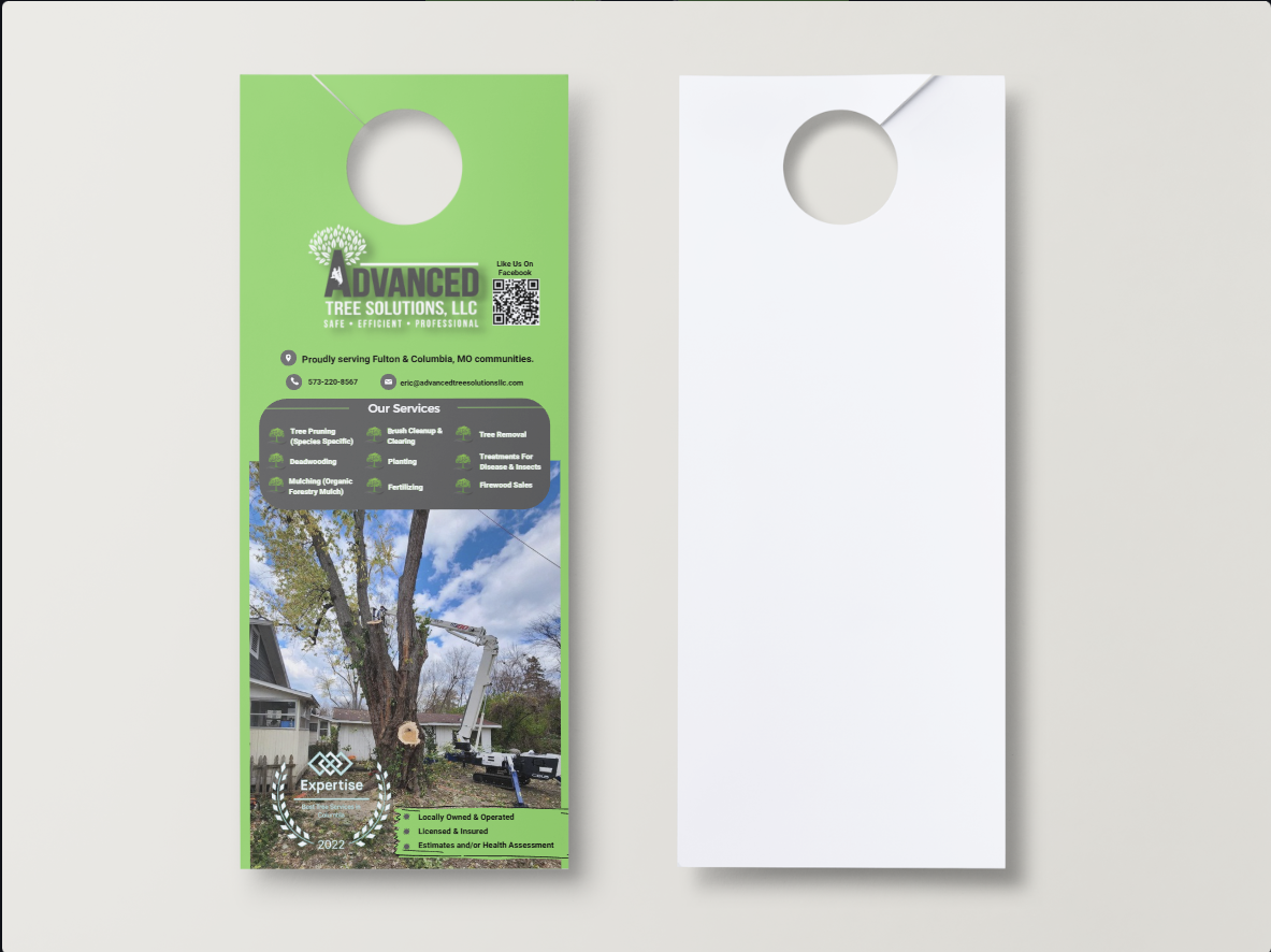 Front and back view of a green and white door hanger advertisement for Advanced Tree Service showing company services.