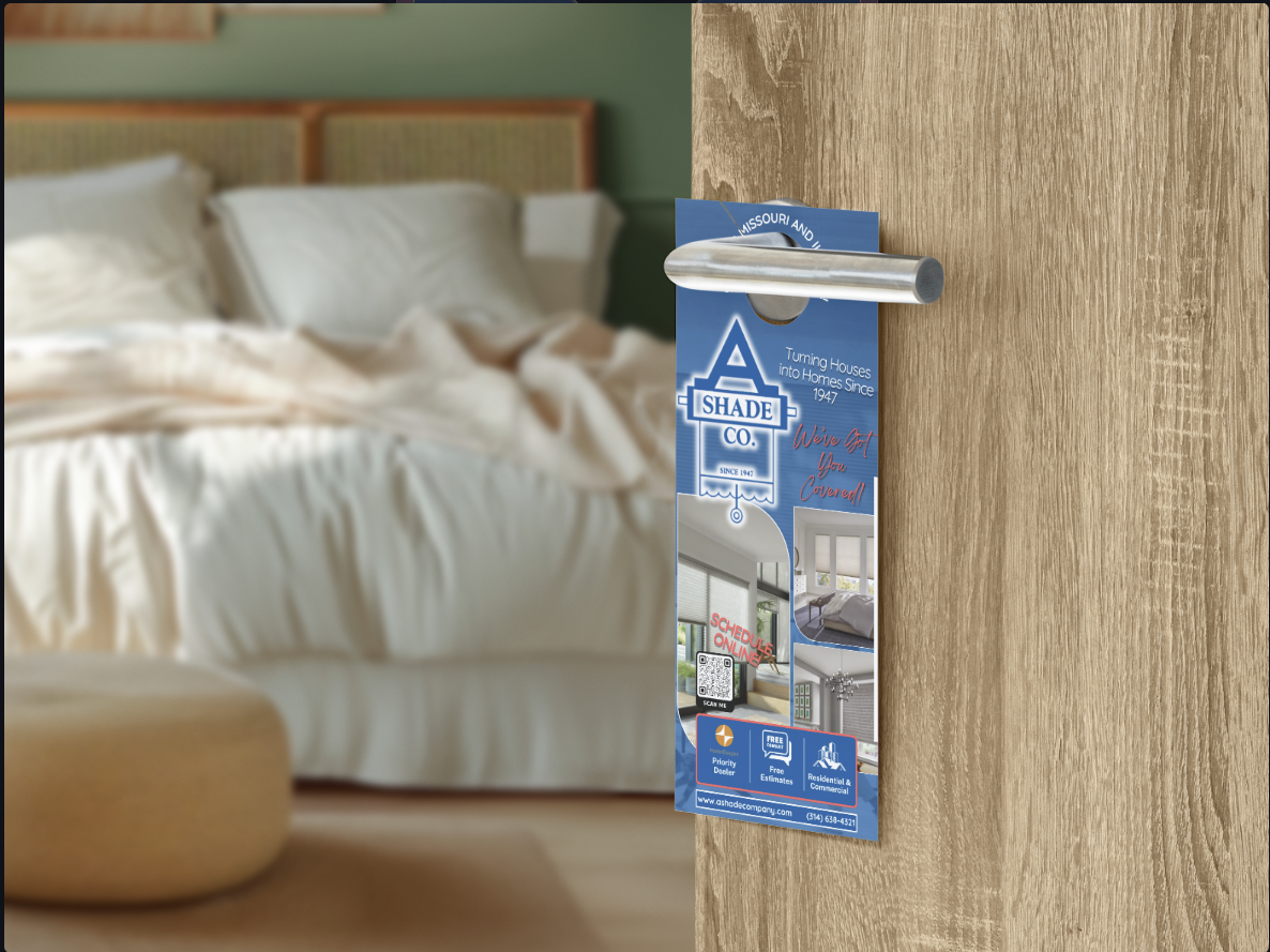 A door hanger on a handle in front of a blurry, modern bedroom, displaying promotional graphics and text in blue tones.