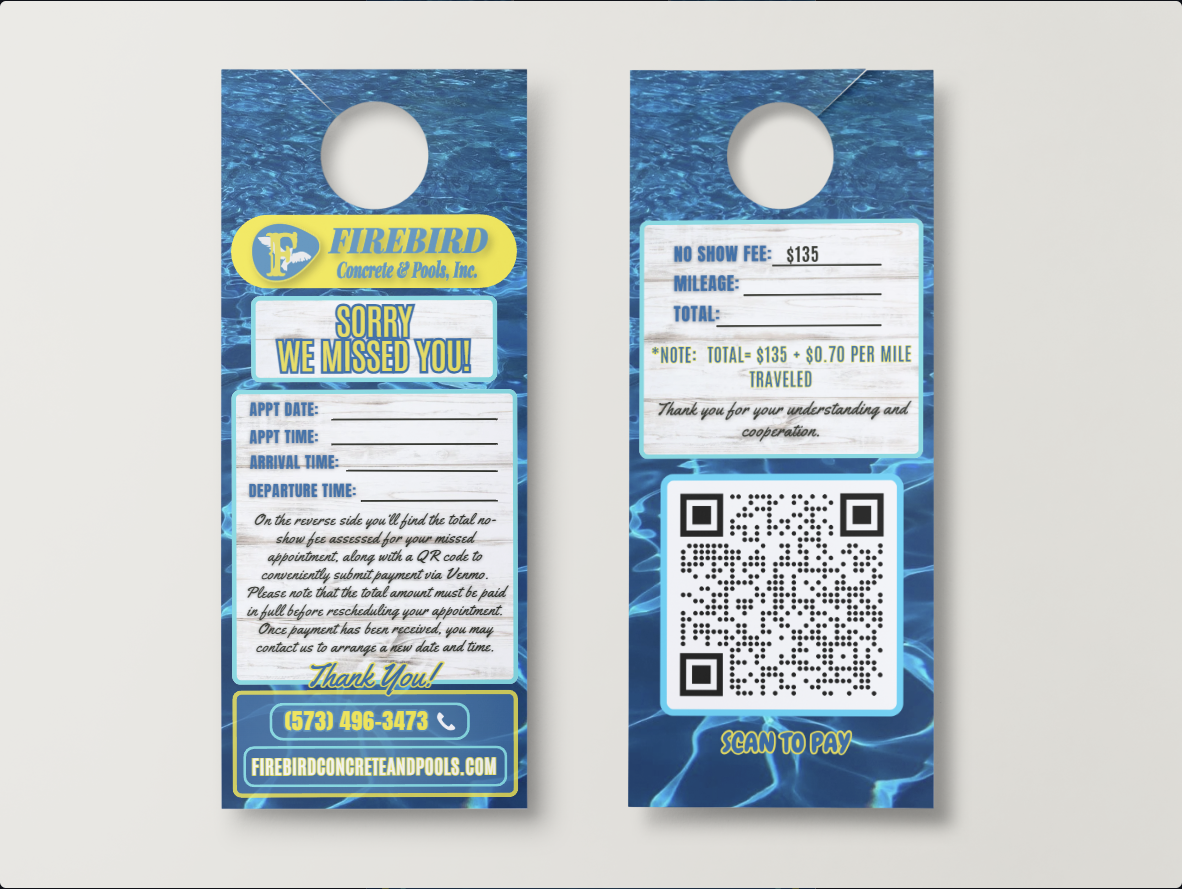 Two door hangers with blue water backgrounds and pool service company branding, including contact info and a QR code.