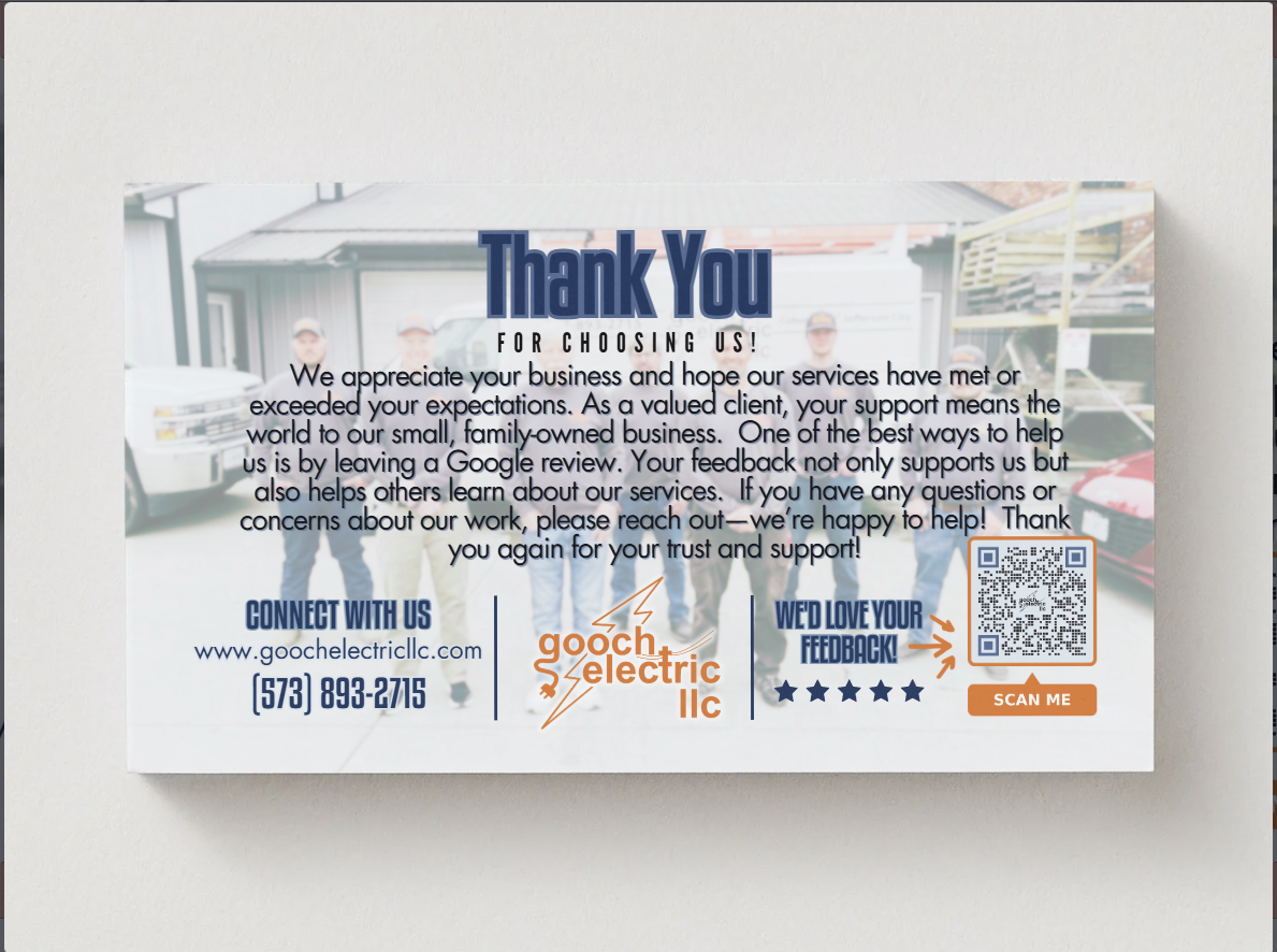 A business thank-you card from Gooch Electric LLC with contact info, a QR code for reviews, and a team photo background.