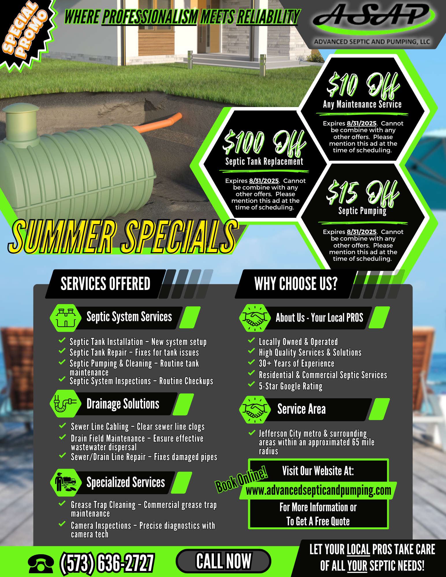 Promotional flyer for ASAP Septic Services, detailing summer discounts, service offerings, and contact information.