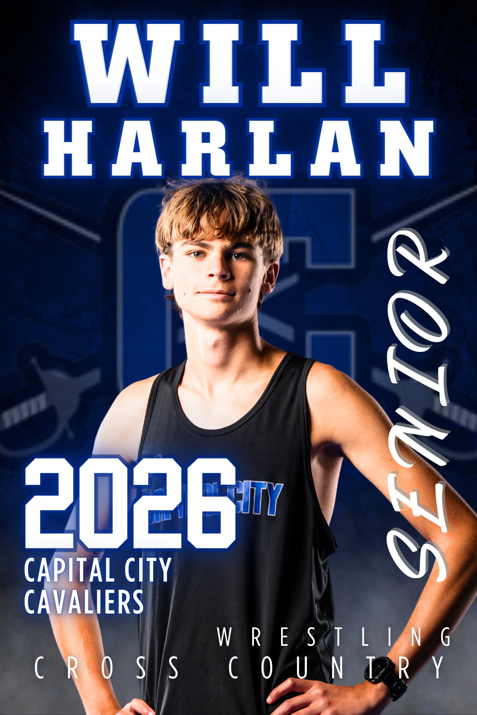 A digital sports graphic for Will Harlan, a senior at Capital City Cavaliers, featuring him in a black athletic tank top.
