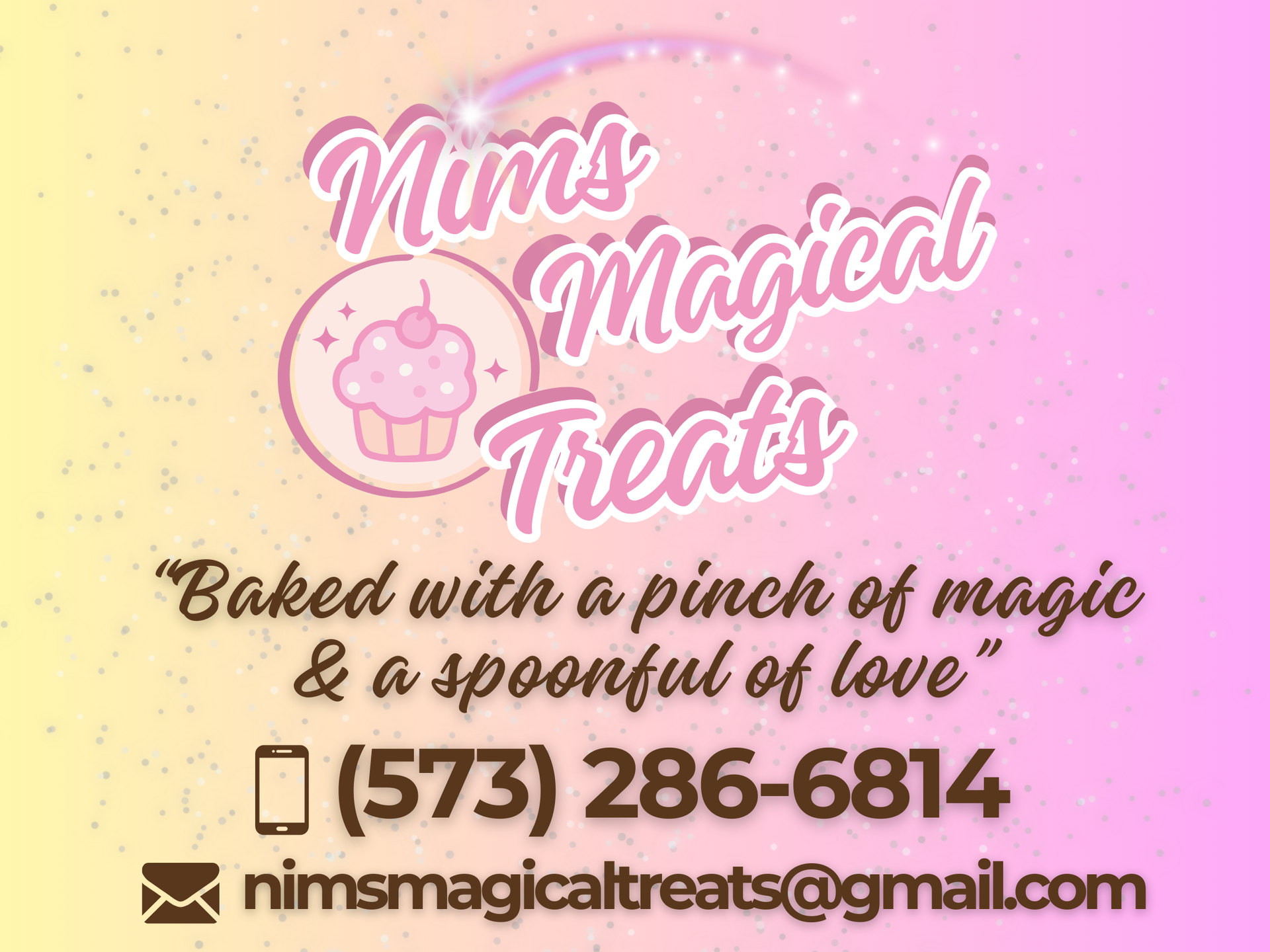 Business card for Nim’s Magical Treats with a cupcake logo, contact phone number, and email on a pink and yellow background.