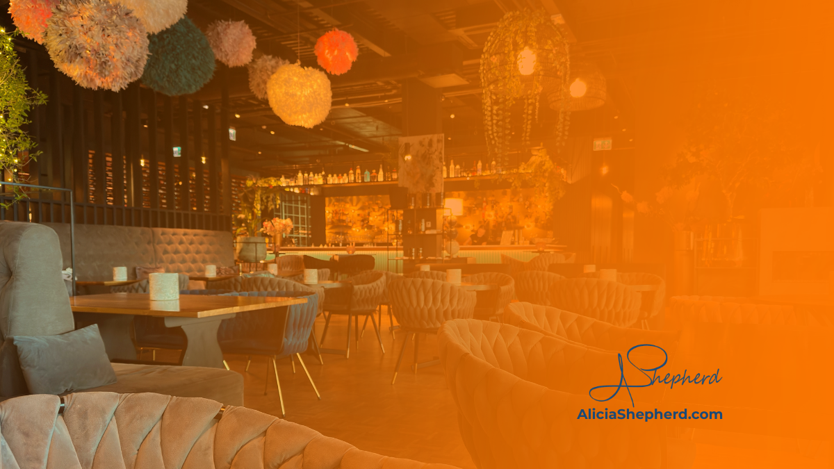 Modern restaurant interior with Alicia Shepherd branding, representing restaurant real estate and co