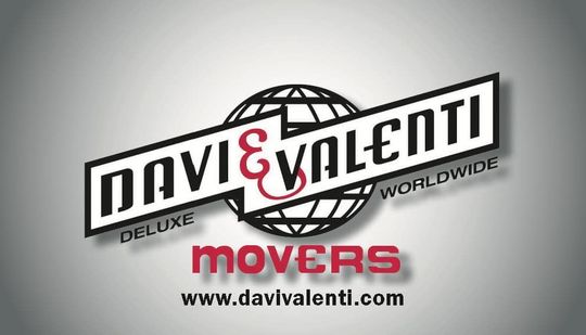 Logo for Davi & Valenti Movers. White text on black angled box, globe graphic, red