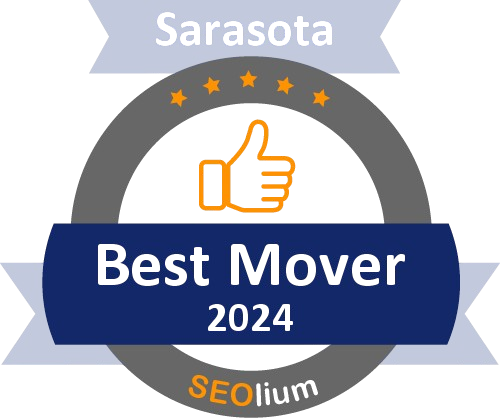 Best Mover 2024 badge in Sarasota, with a thumbs-up icon. Navy, gray, and orange design with