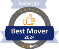 Best Mover 2024 badge in Sarasota, with a thumbs-up icon. Navy, gray, and orange design with