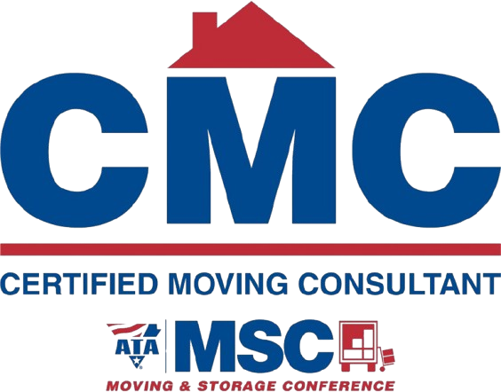 Logo for Certified Moving Consultant (CMC). Blue initials, red house symbol, and
