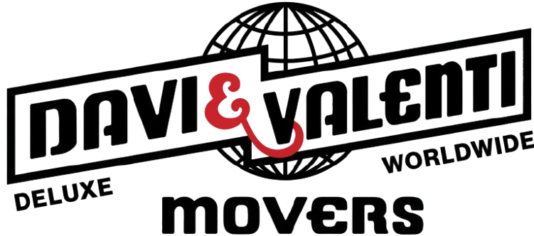 Logo for Davi & Valenti Movers. Features black text and a globe graphic. Includes the words "deluxe" and "worldwide."