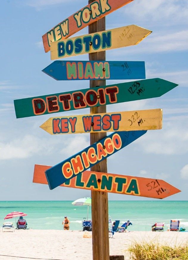Wooden signpost with colorful arrows pointing to US cities, beach in background.