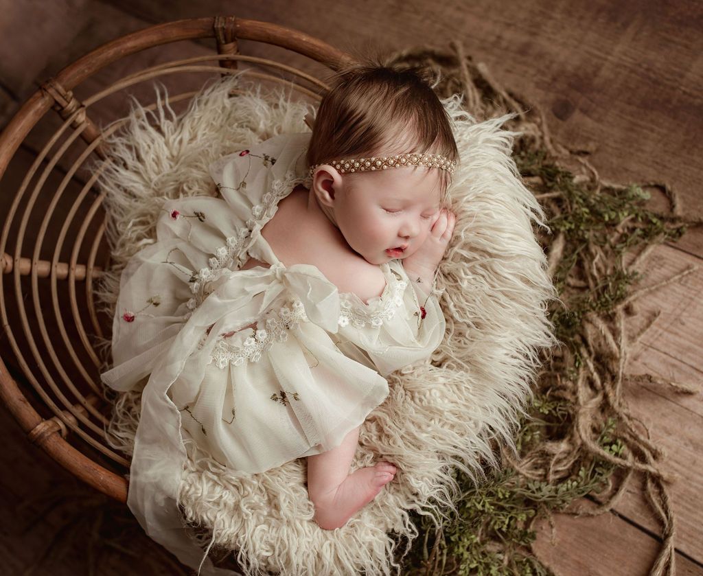 Newborn baby sleeping in a woven basket on a fluffy blanket, wearing a delicate dress and headband.