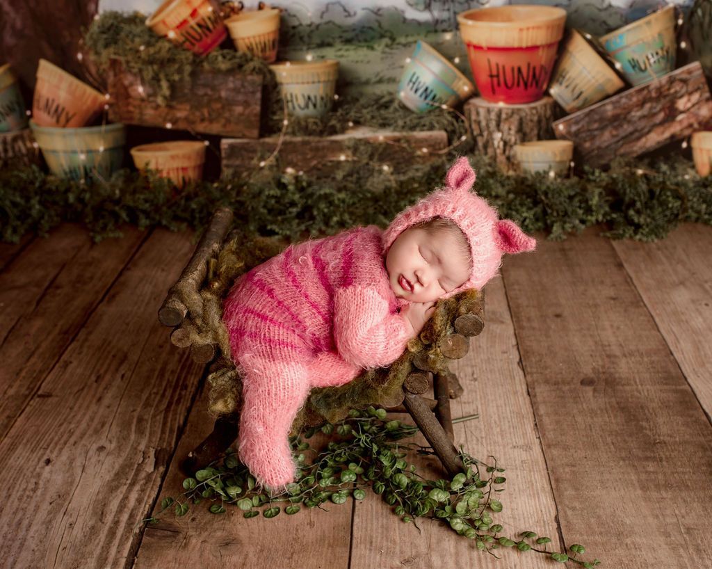 Baby in a Piglet costume sleeps in a wooden wagon, surrounded by Winnie the Pooh décor.