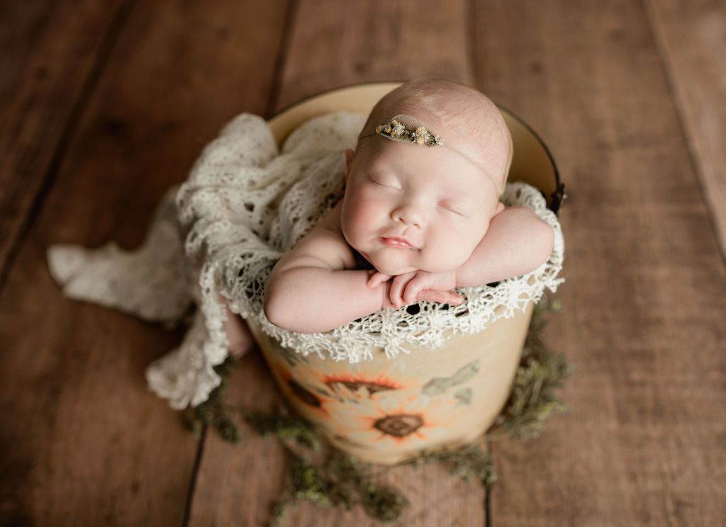 Newborn baby asleep in a sunflower-decorated bucket, resting on its arms, draped in lace.