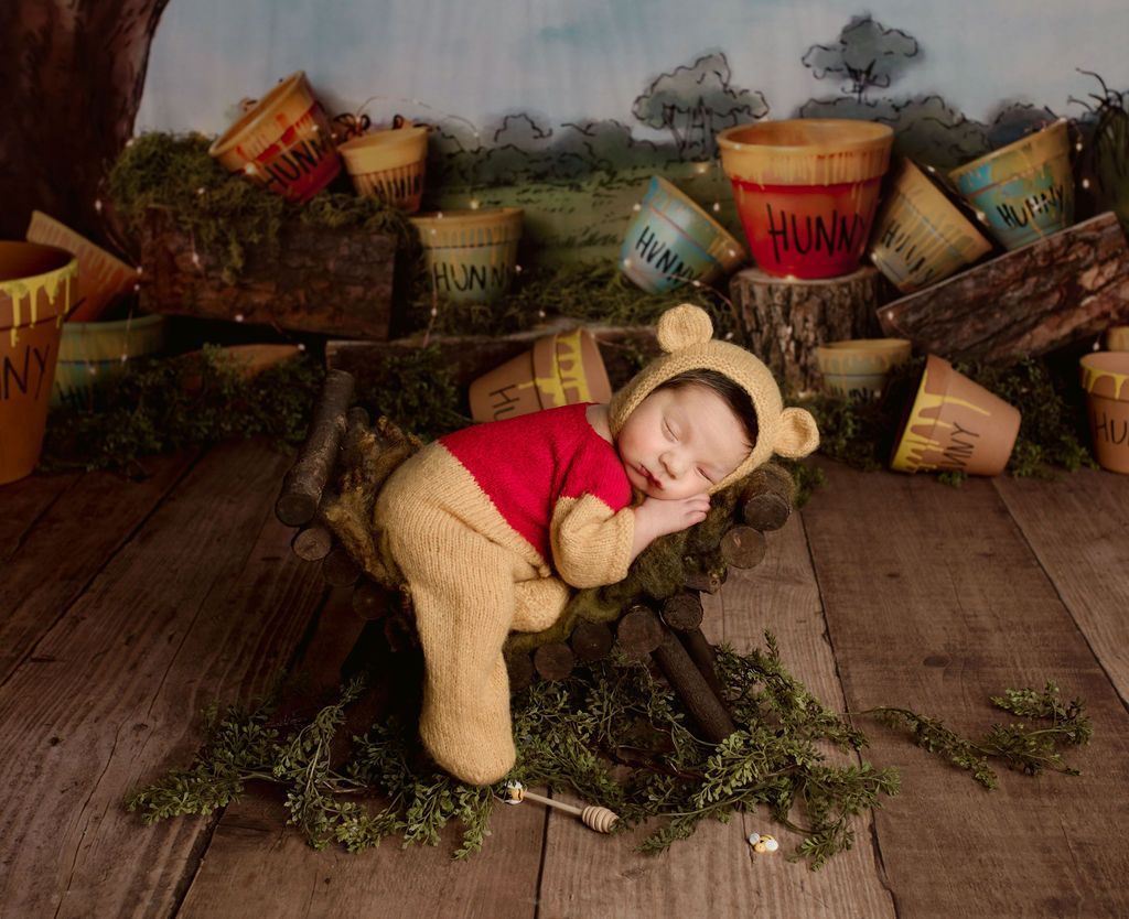 Newborn in Winnie the Pooh costume sleeping on a log, surrounded by honey pots in a whimsical setting.