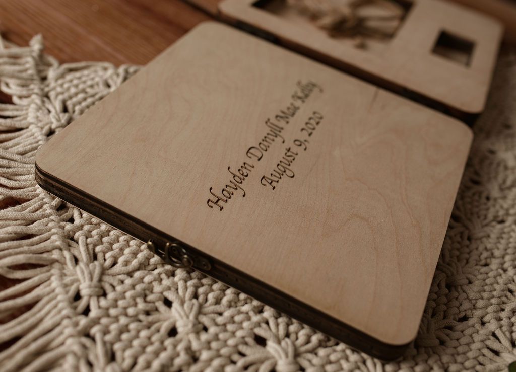 Wooden box engraved with 