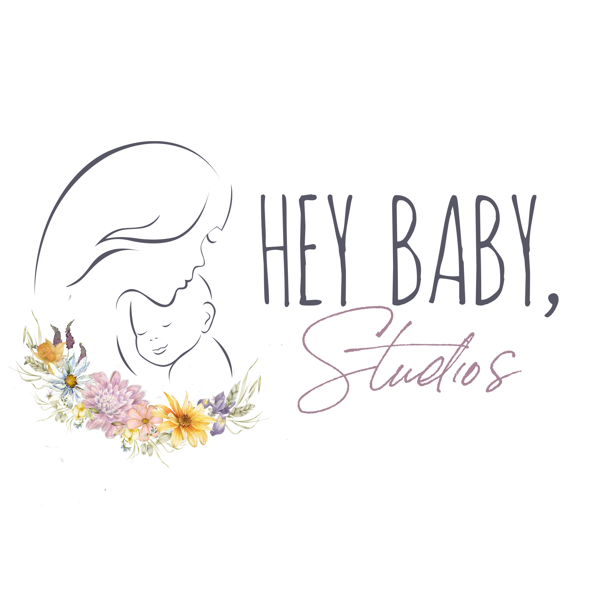 Logo: Mom holding baby, with floral arrangement; text 