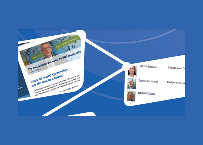 Blauwe website-achtige afbeelding met twee schuin geplaatste witte panelen die met witte lijnen verbonden zijn en tekst en profielminiaturen weergeven.