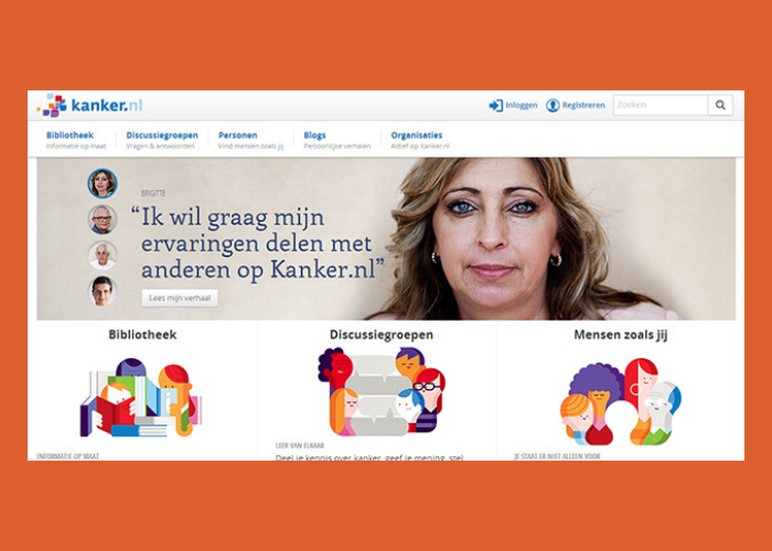 De homepage van Kanker.nl met een banner van een vrouw en drie kleurrijke secties voor patiënten, diagnose en mensen in hun omgeving.