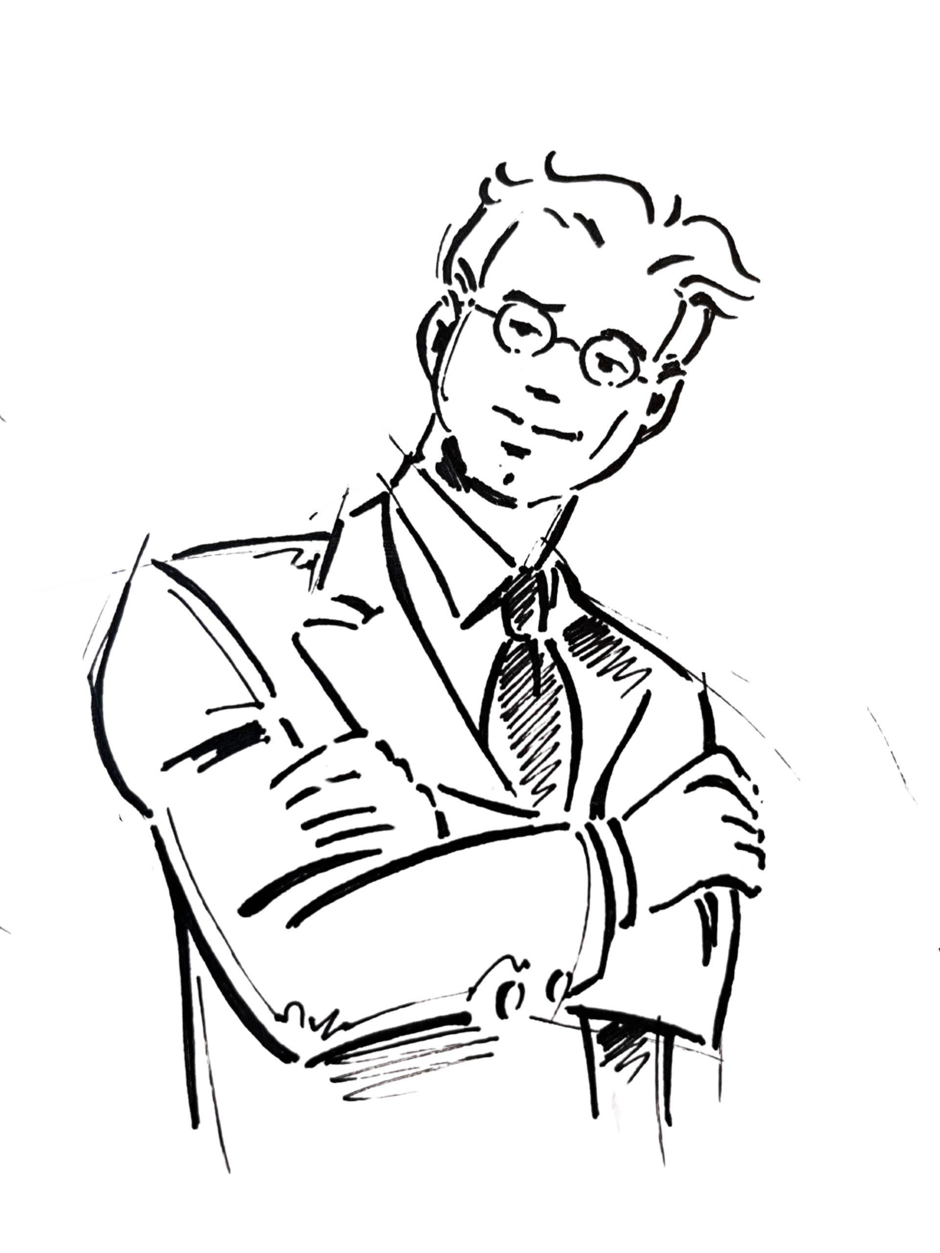 Lijntekening van een lachend persoon in pak en stropdas met de armen over elkaar.