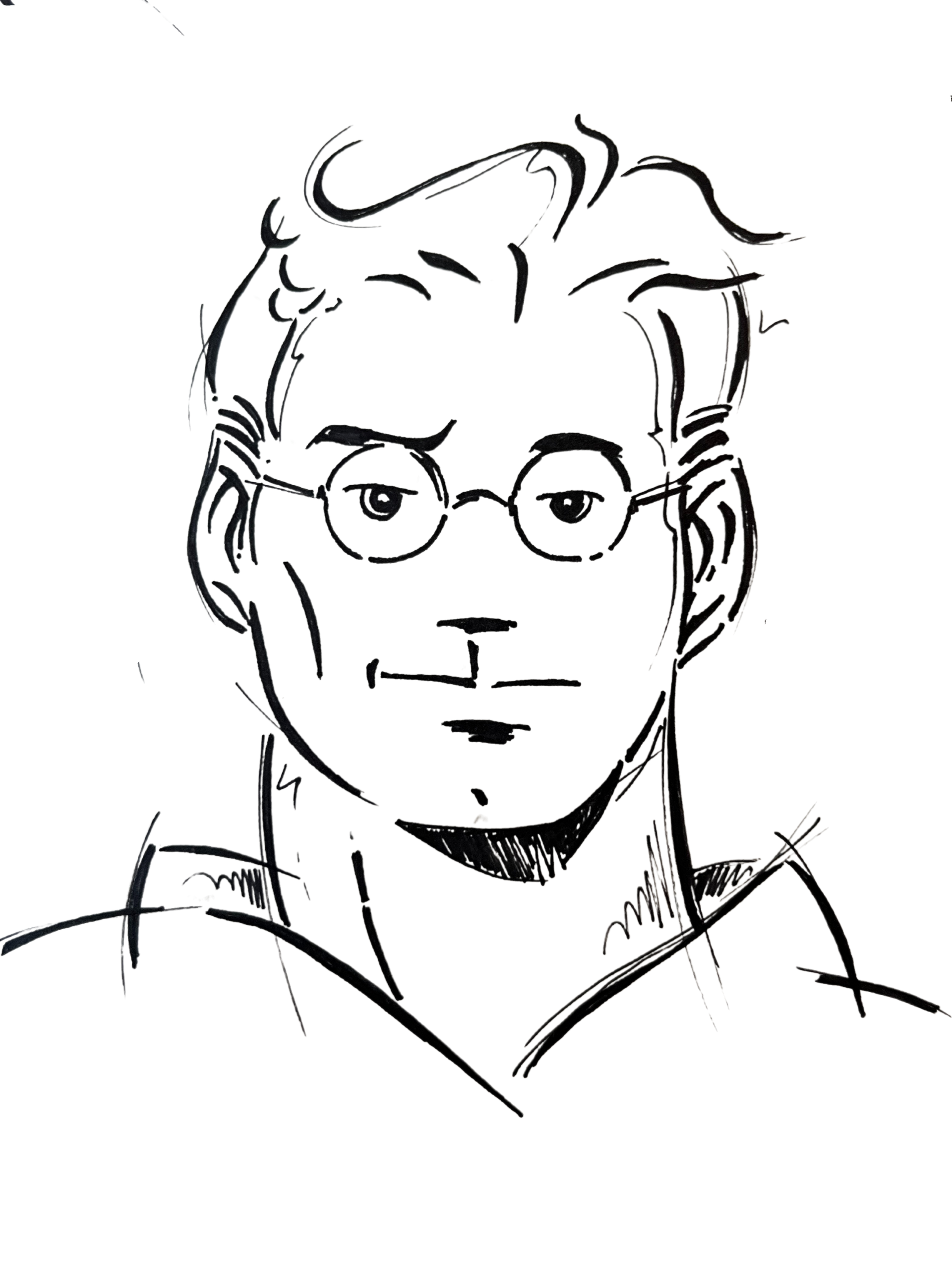 Lijntekening van een persoon met een bril en golvend haar, weergegeven vanaf de schouders omhoog.