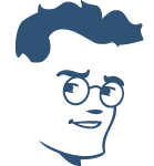 Gestileerde blauwe lijntekening van een lachend gezicht met een bril en donker haar.