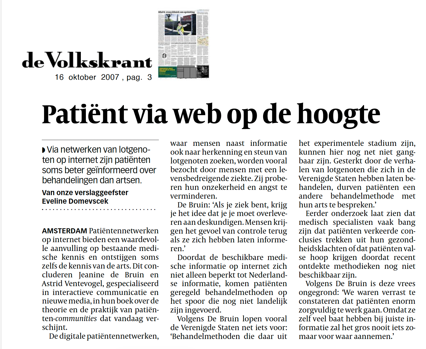 De pagina van de krant Volkskrant met de kop