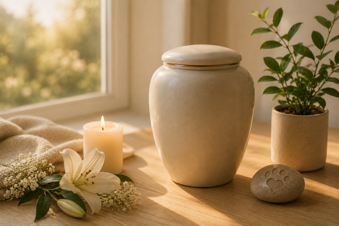 Lit cream-colored candle with a sprig of eucalyptus on a white surface.