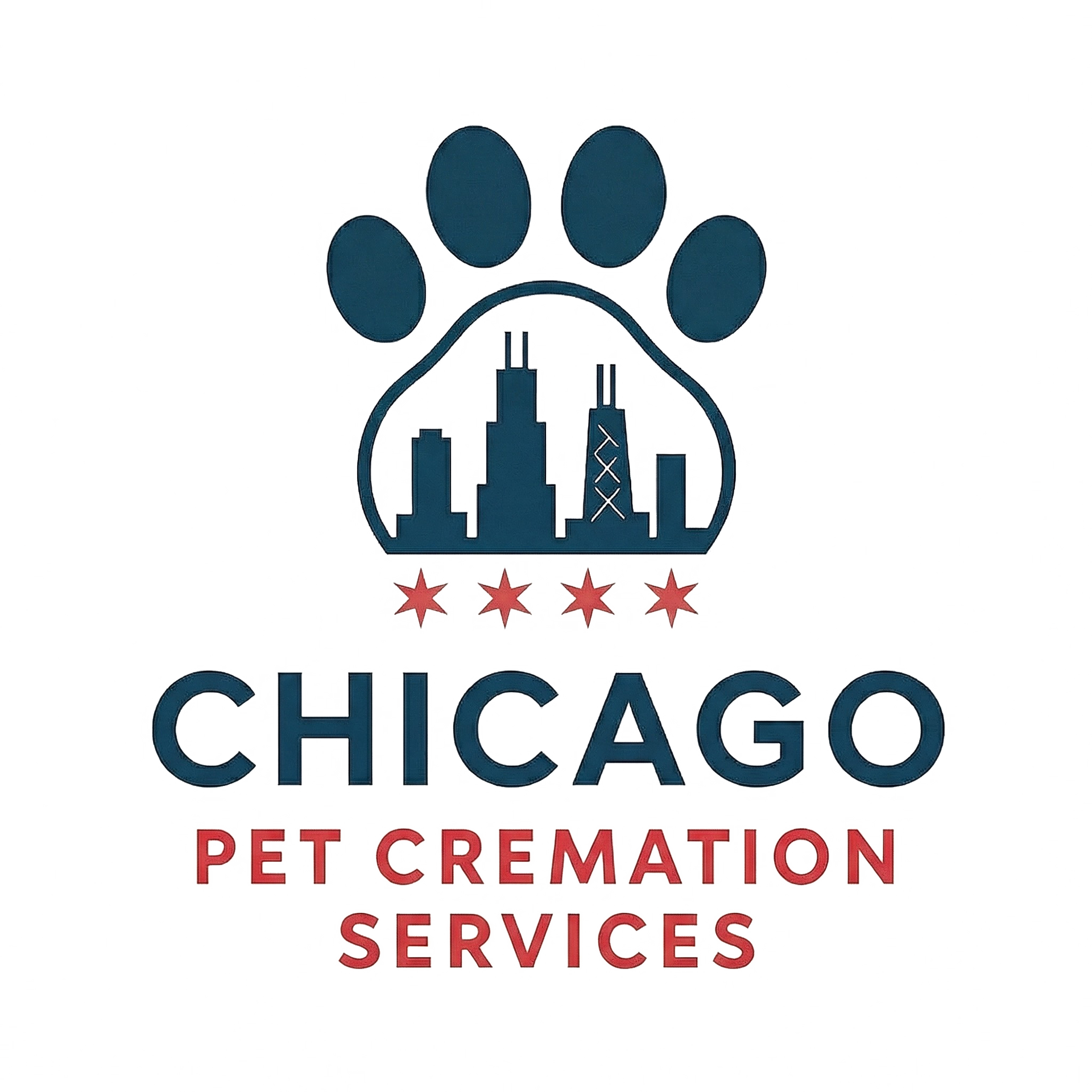 Logo for Chicago Pet Cremation Services: Blue paw print above Chicago skyline, with text "CHICAGO PET CREMATION SERVICES".