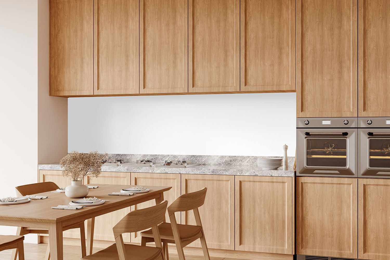 Wooden kitchen with cabinetry, ovens, and a dining table. Wooden kitchen with cabinetry, ovens, and a dining table.