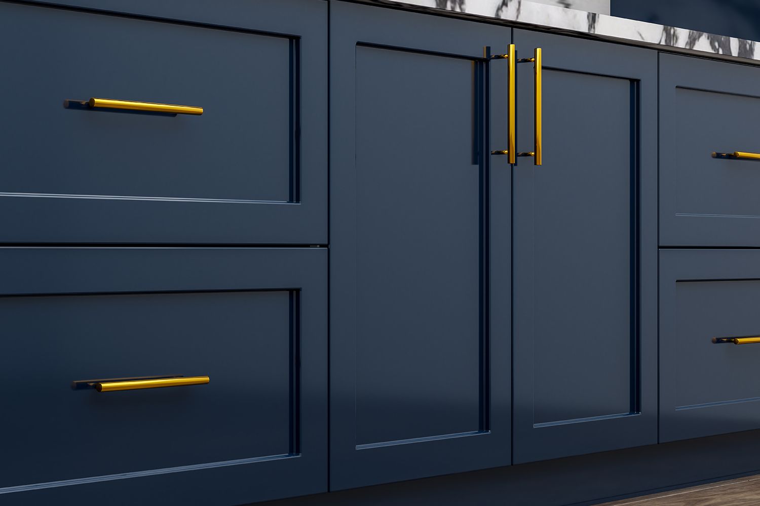 Dark blue cabinets with gold handles.