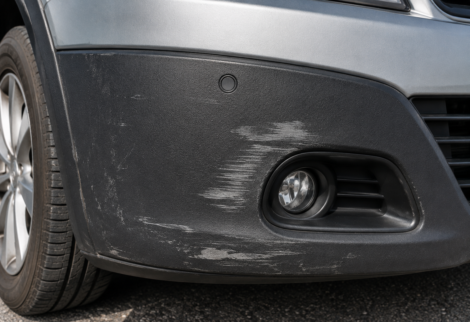A close up of a car with a scratch on the front bumper