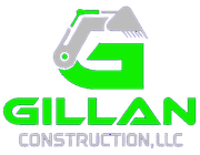 Green and gray Gillan Construction logo with excavator icon.