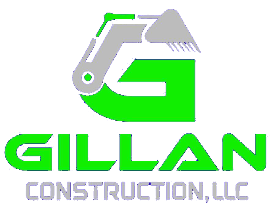 Green and gray Gillan Construction logo with excavator icon.