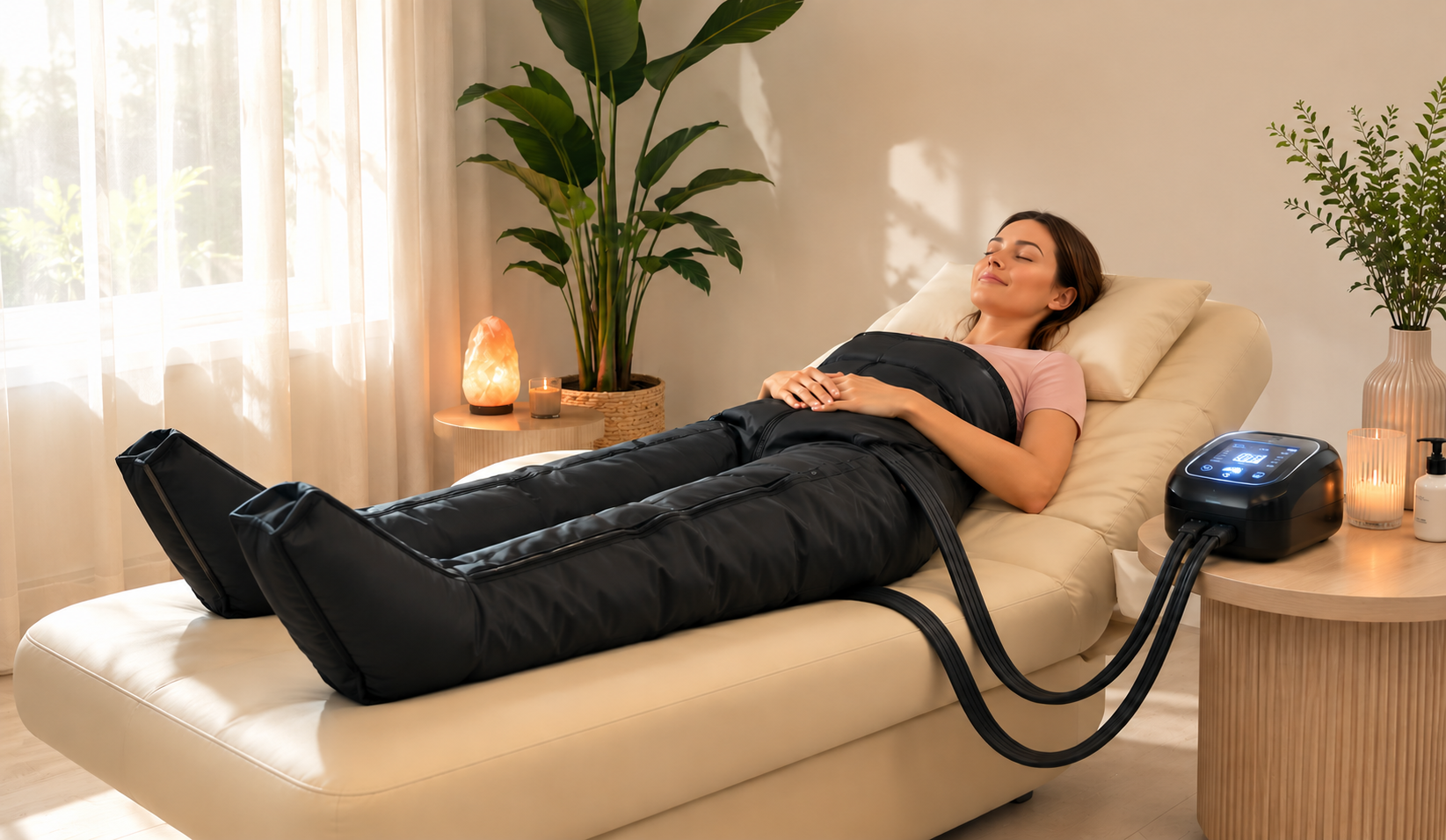 Person reclining on a beige massage chair in a bright spa room, wearing black pants, with a hand control nearby