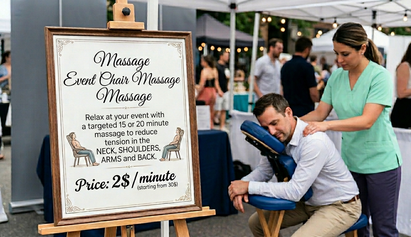 Massage chair setup at an outdoor event, with a sign advertising massages and a seated client receiving one