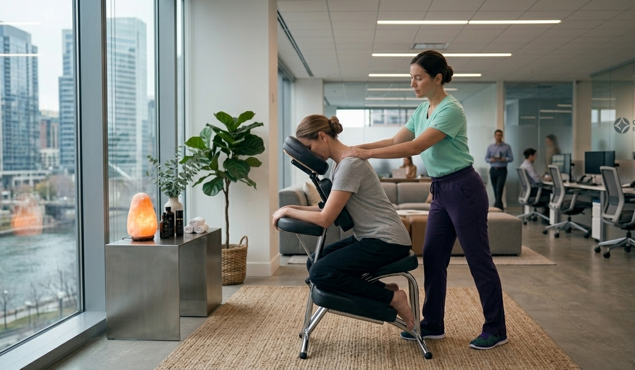 Therapist assisting a person seated in a wheelchair in a bright modern office with city views