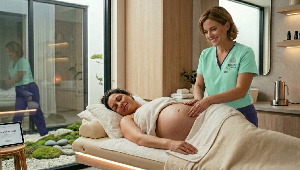 Midwife examining a pregnant woman on a treatment bed in a modern room