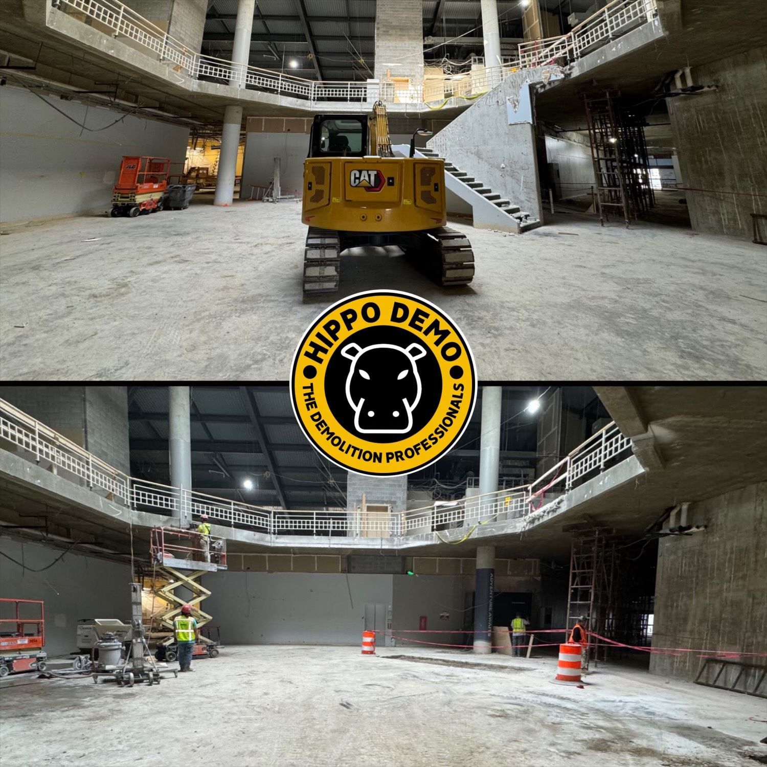 A hippo demo logo is on the side of a building under construction.