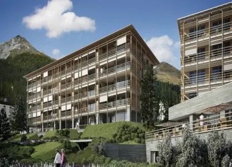 Künstlerische Darstellung eines großen Gebäudes mit einem Berg im Hintergrund.
