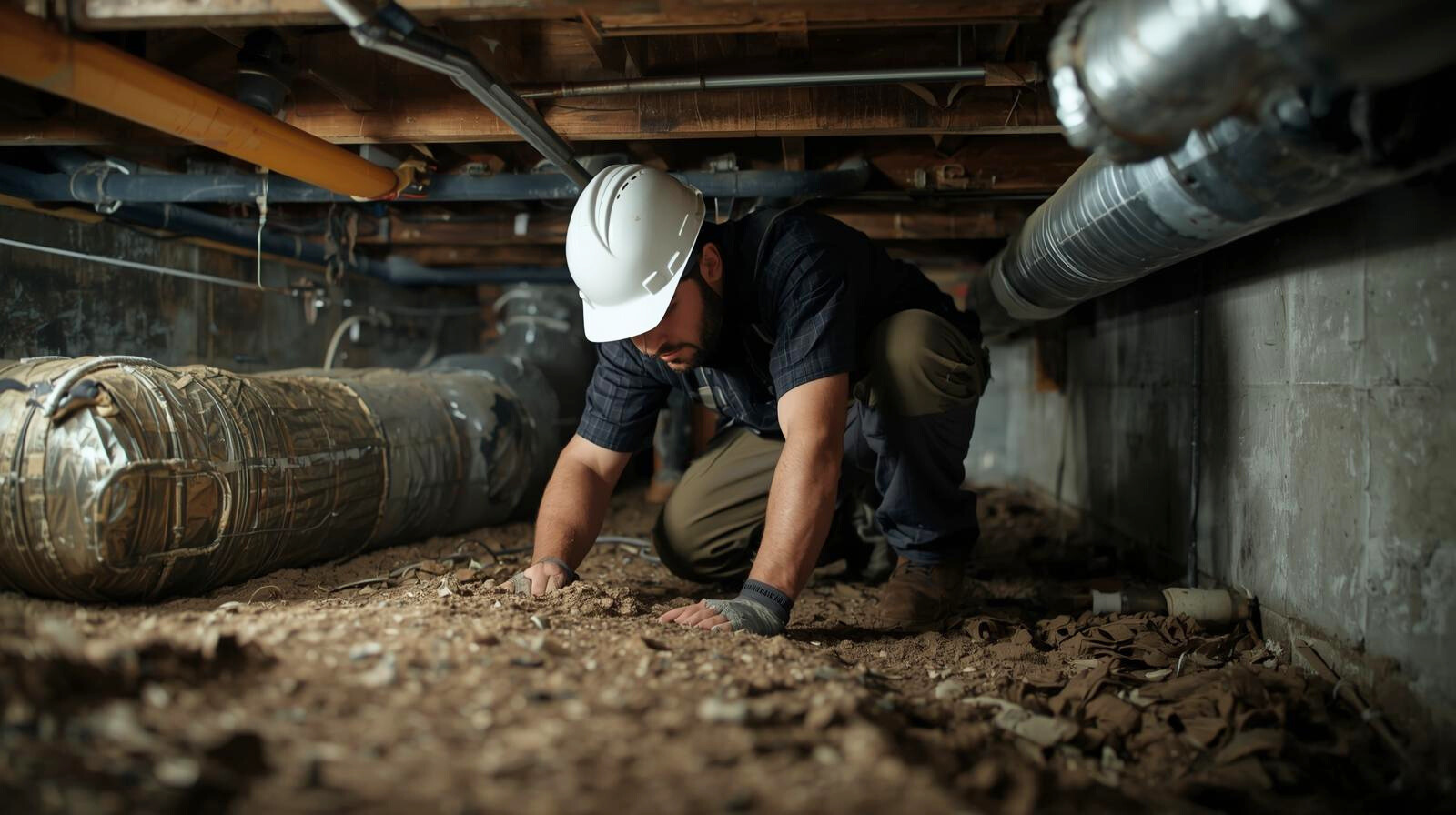 Technician examining soil and ductwork inside a crawl space during a home inspection.