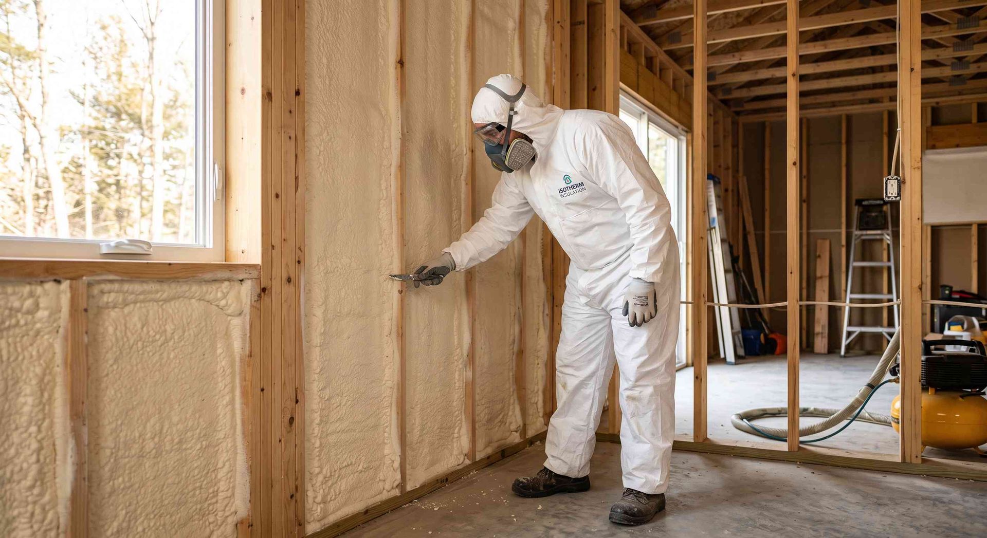Insulation contractor on a residential construction site as they examine a spray foam wall.