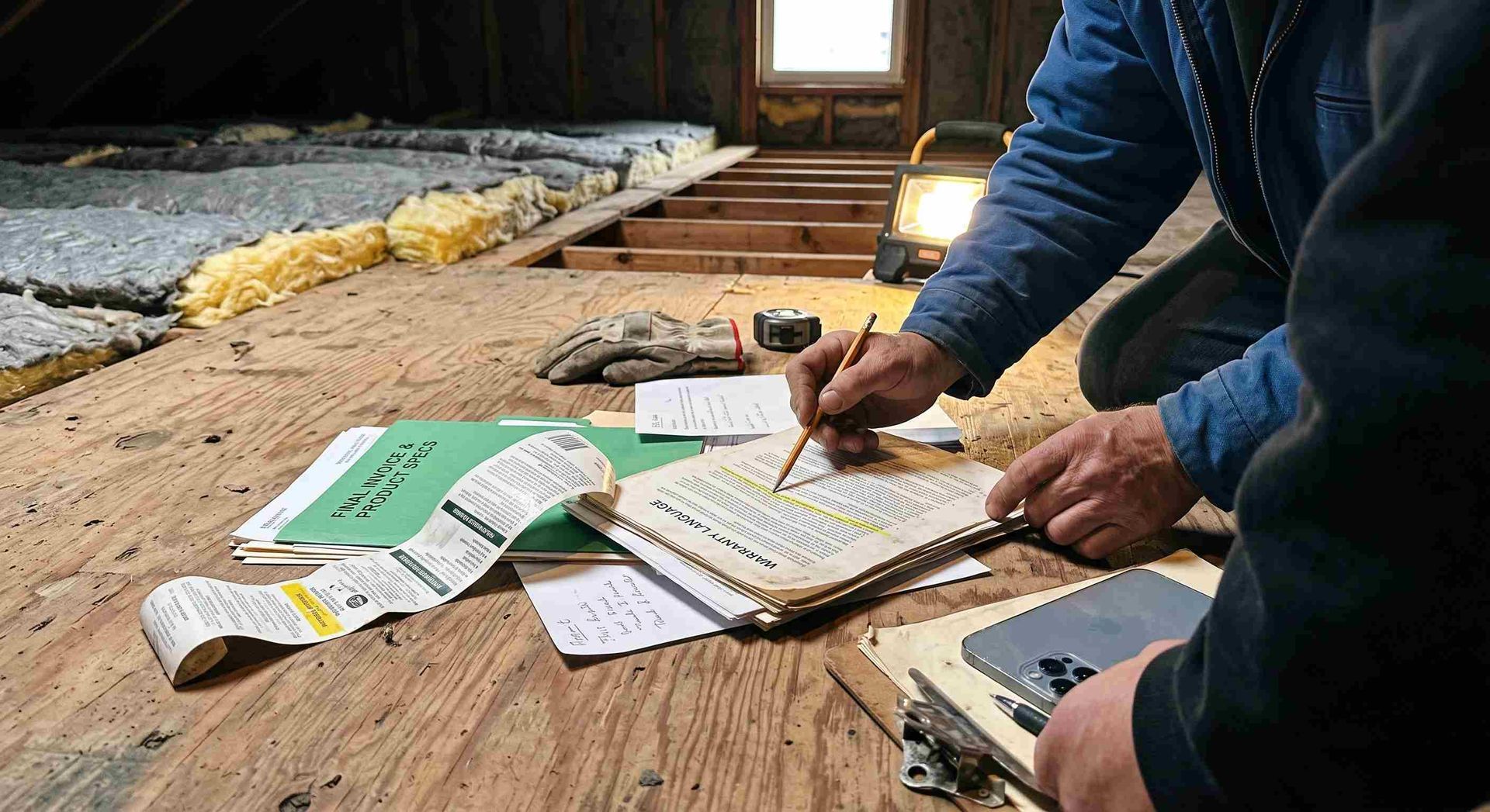 Insulation contractor pointing pencil at warranty paper next to attic insulation.