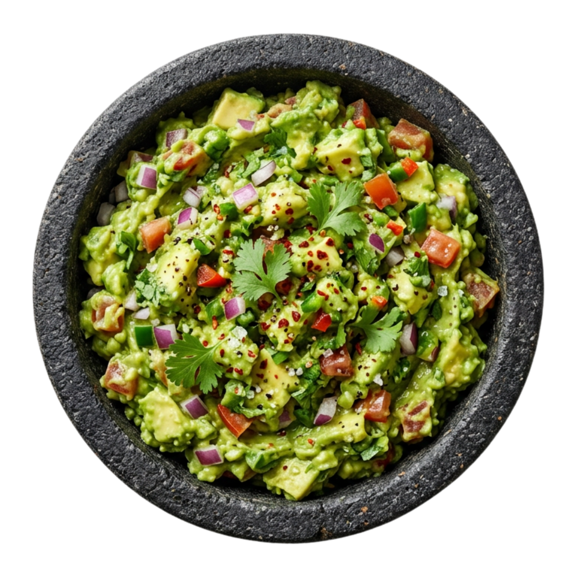 Guacamole with diced tomatoes, onions, and cilantro in a dark grey stone bowl.