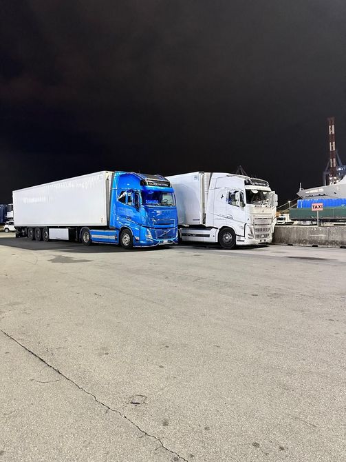 Due autoarticolati, uno blu e uno bianco, parcheggiati fianco a fianco di notte in un parcheggio.