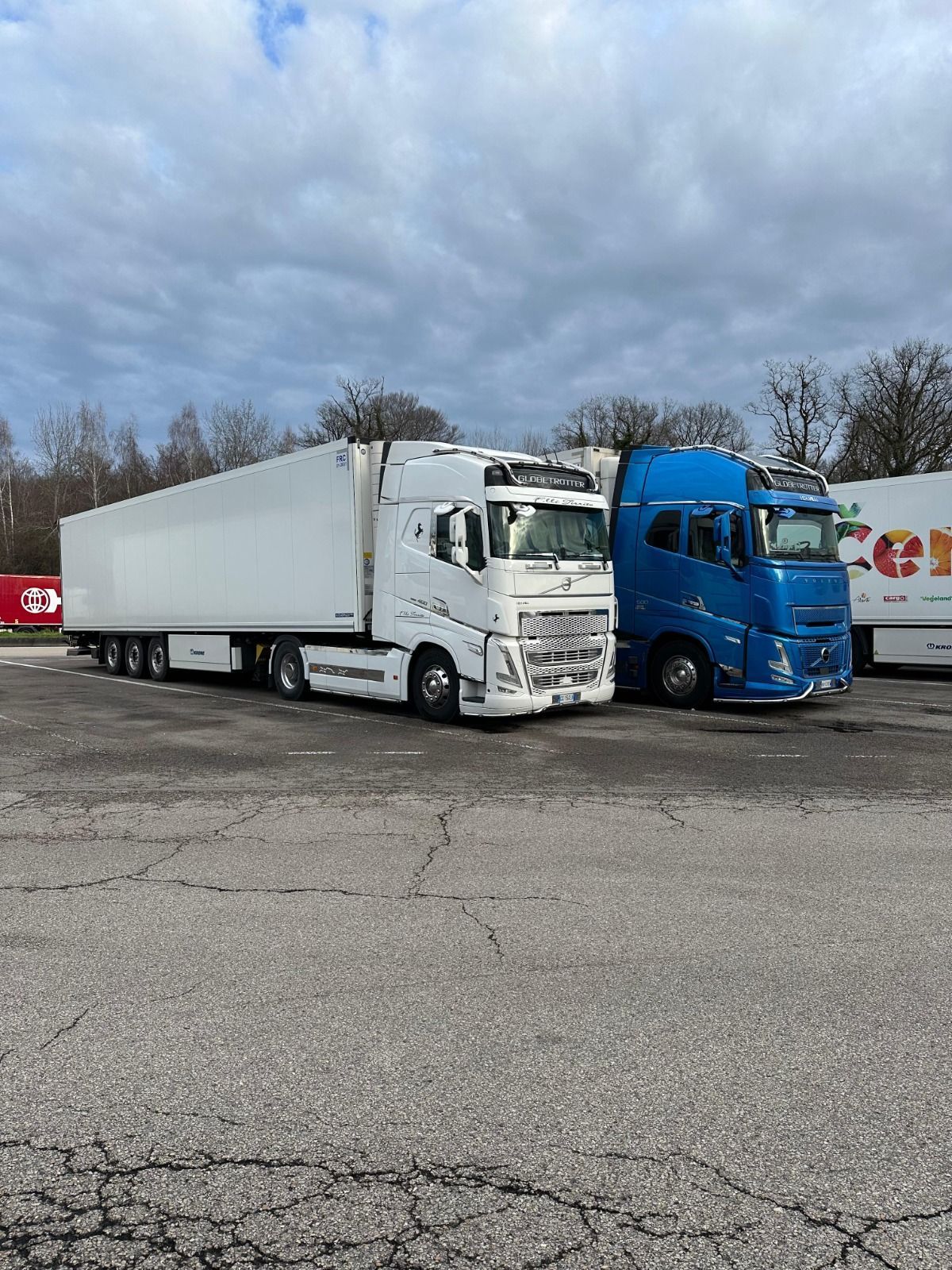 Due autoarticolati, uno bianco e uno blu, parcheggiati fianco a fianco in un piazzale nuvoloso.
