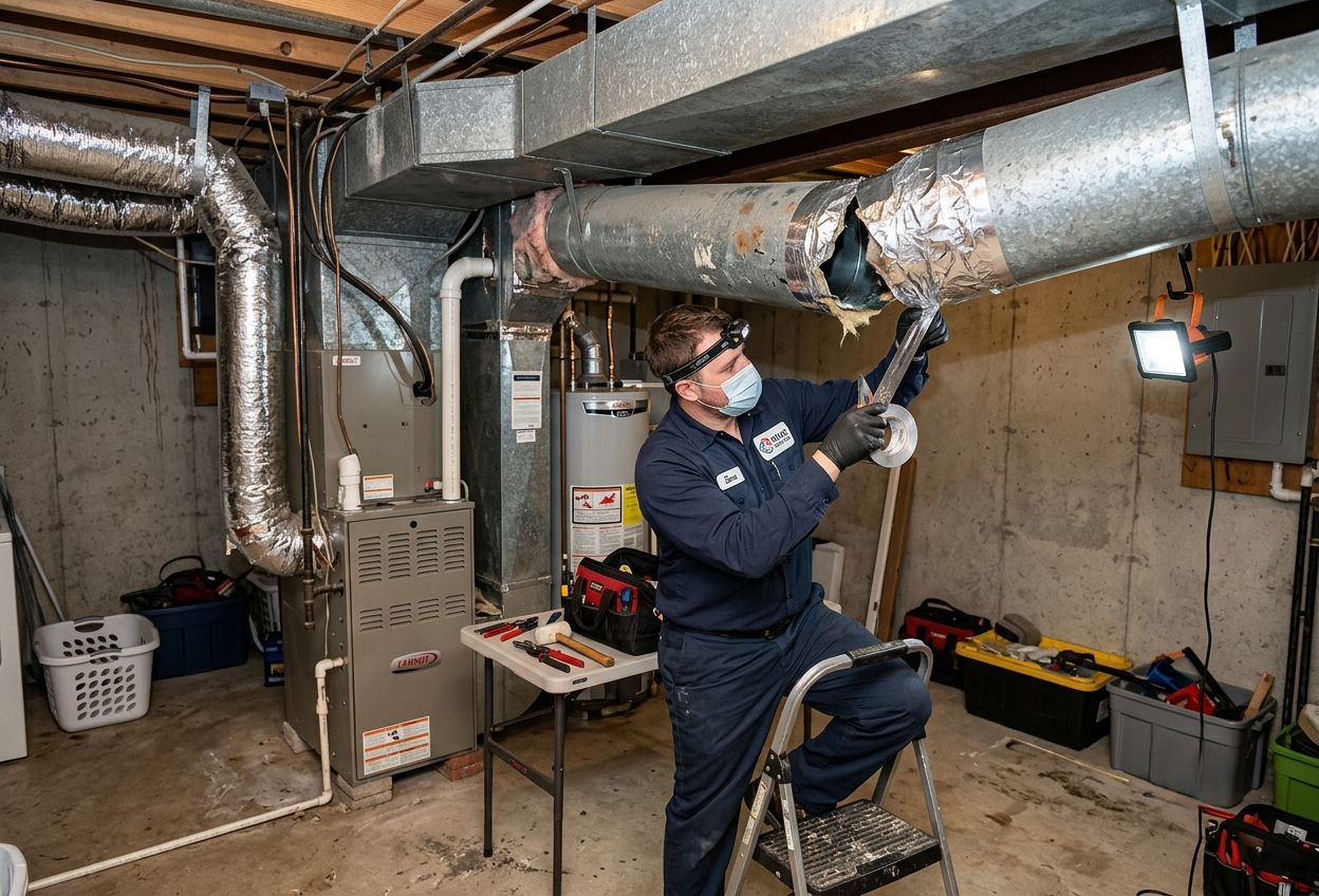 HVAC technician making an emergency duct repair with foil tape.